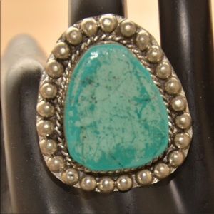 Vintage Jumbo Faux Silver/Turquoise Cab Ring